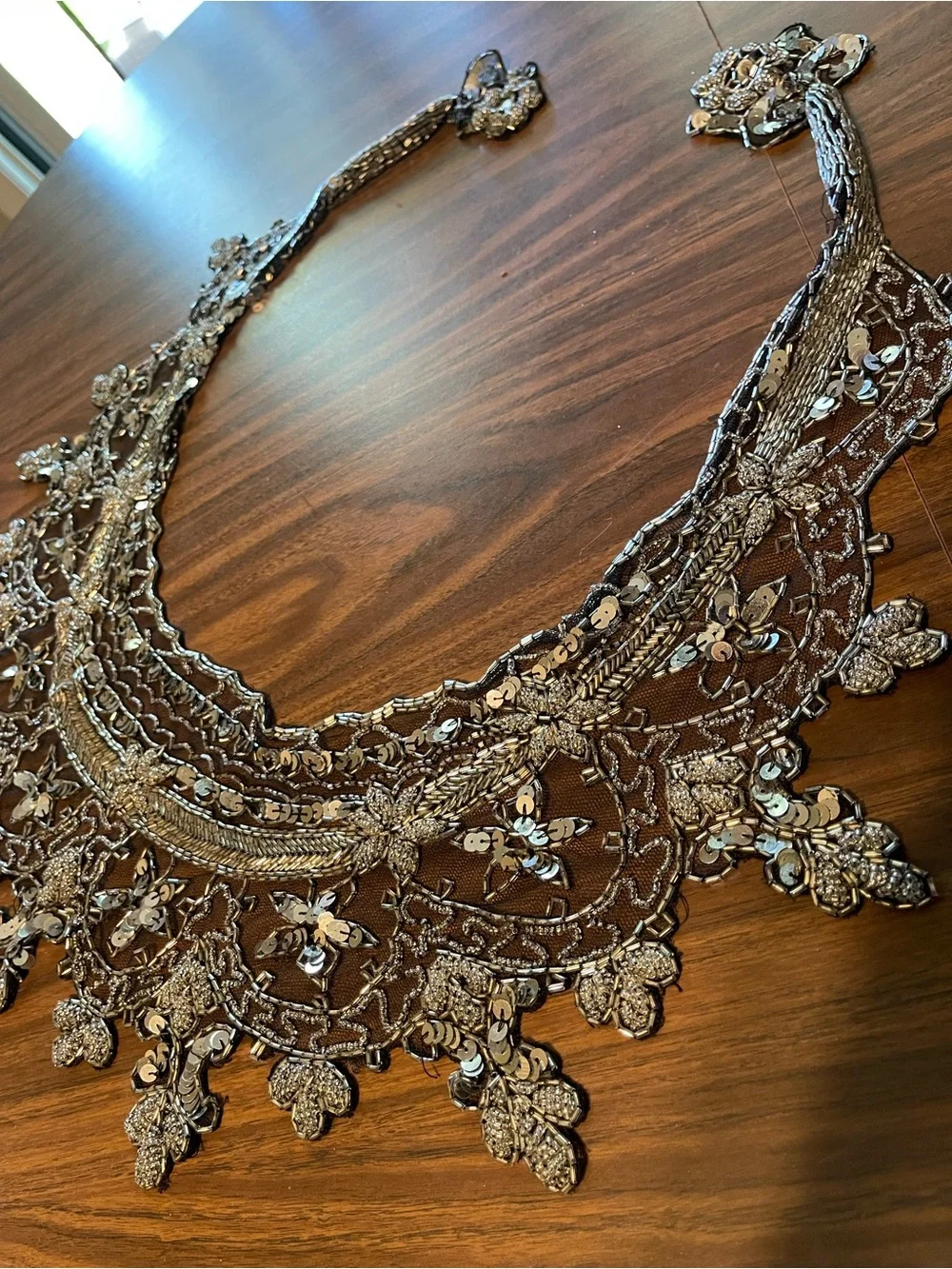 Vintage Silver & Black Sequin Lace Appliqué Necklace Collar capelet